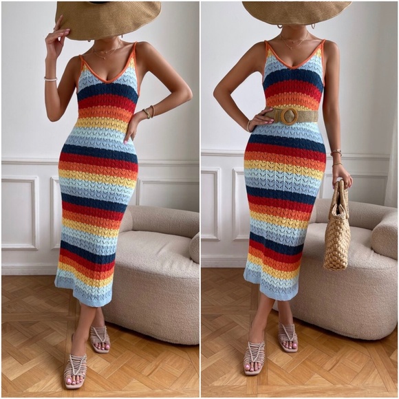 06 Boho Rainbow Color block Knit Cami Dress - Picture 4 of 5